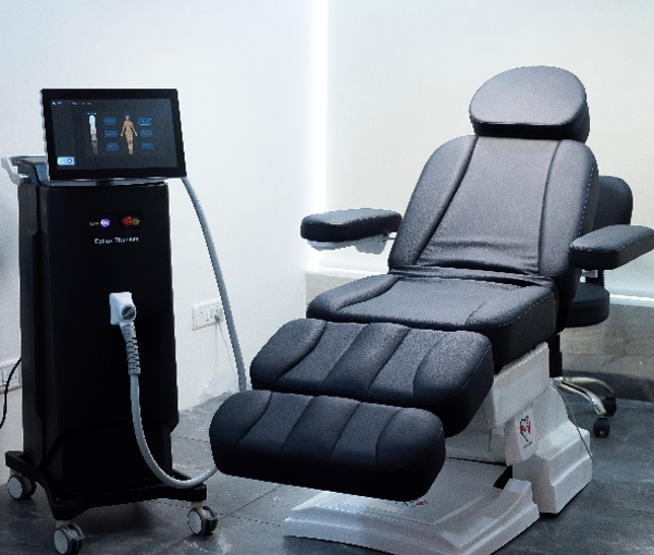Advanced aesthetic treatment chair with laser equipment in a clean treatment room