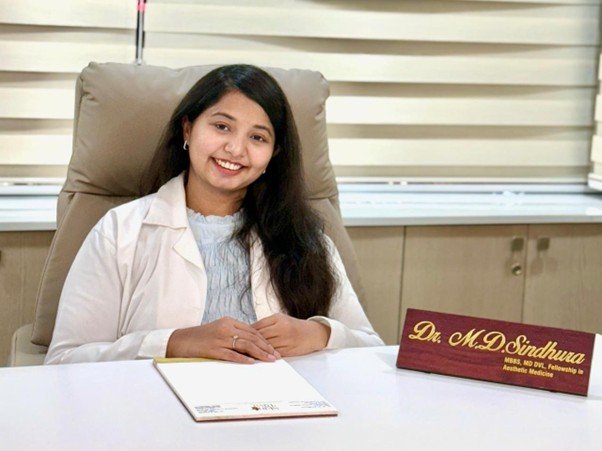 Dr. M.D. Sindhura, founder of Skin Riva Clinics, in her consultation room